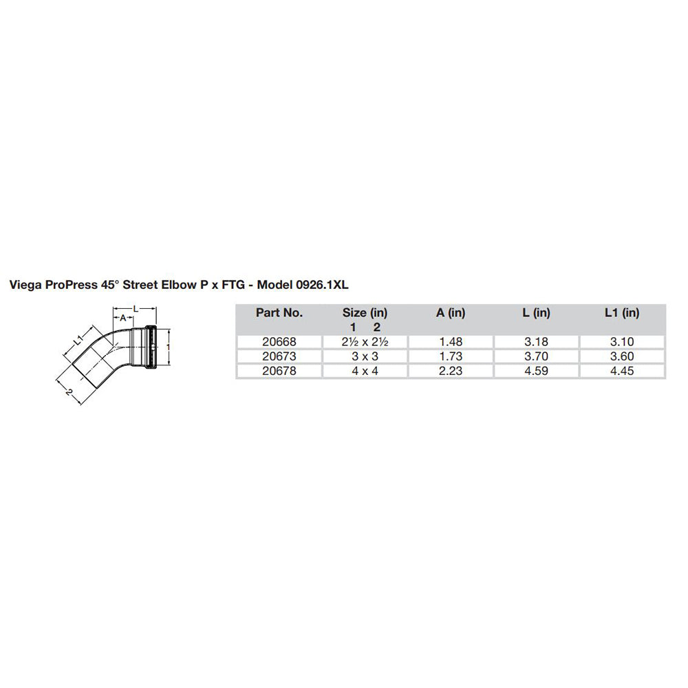 Viega ProPress 212 45 Copper Elbow StreetPress Connection Smart Connect Technology 20668