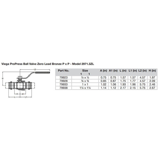 Viega ProPress 1 Zero Lead Bronze Ball Valve wStainless Stem Double Press Connection Smart Connect Technology 79933