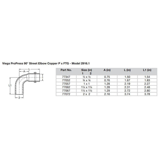 Viega Propress 12 90 Copper Elbow StreetPress Connection Smart Connect Technology 77347