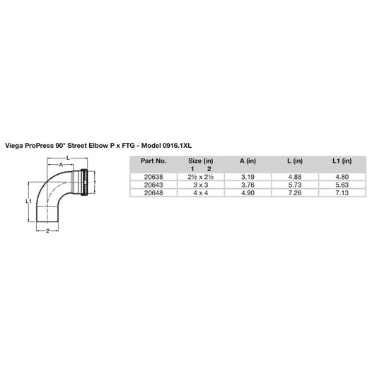 Viega ProPress 212 90 Copper Elbow StreetPress Connection Smart Connect Technology 20638