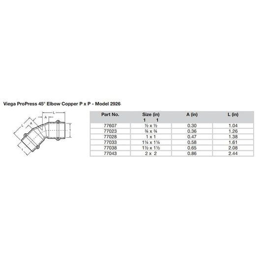 Viega ProPress 114 45 Copper Elbow Double Press Connection Smart Connect Technology 77033