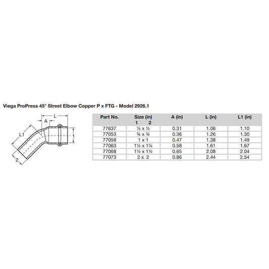 Viega ProPress 2 45 Copper Elbow  StreetPress Connection  Smart Connect Technology 77073