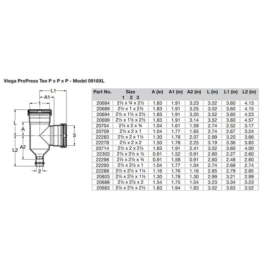 Viega ProPress 212 Copper Tee Triple Press Connection Smart Connect Technology 20683