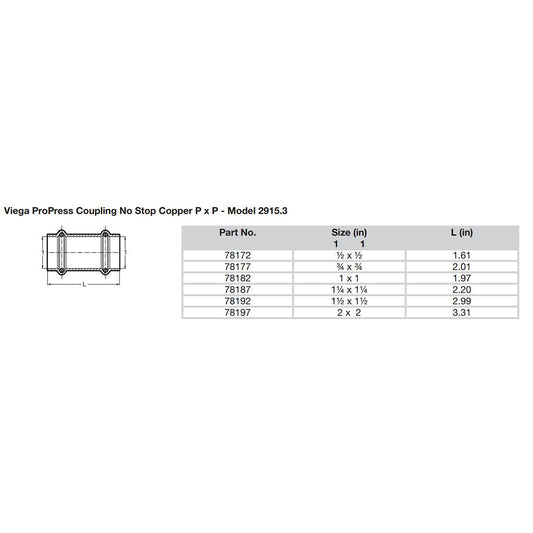 Viega ProPress 114 Copper Coupling wo Stop  Double Press Connection  Smart Connect Technology 78187