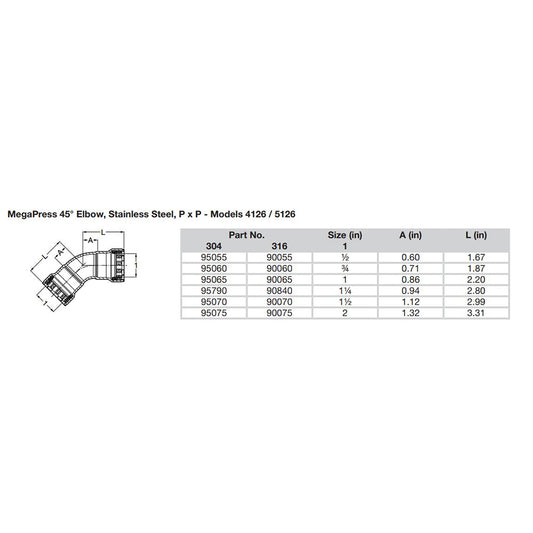 Viega MegaPress 34 45 Stainless Steel 304 Elbow  Double Press Connection  Smart Connect Technology 95060