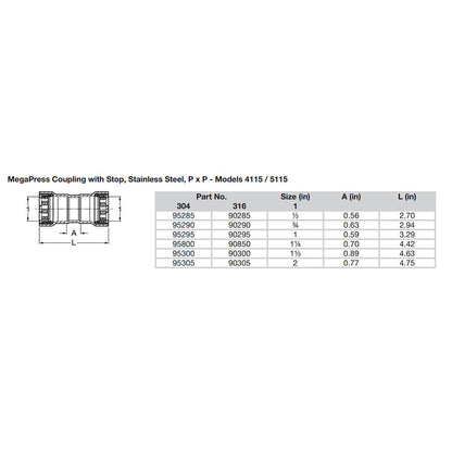 Viega MegaPress 34 Stainless Steel 304 Coupling wStop  Double Press Connection  Smart Connect Technology 95290